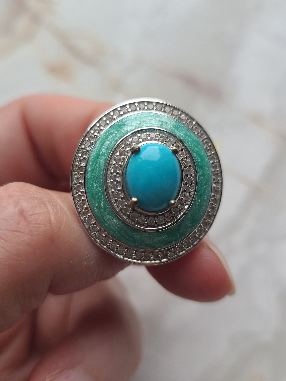 925 SS Ring, Sleeping Beauty Turquoise And Enamel, Size US 6